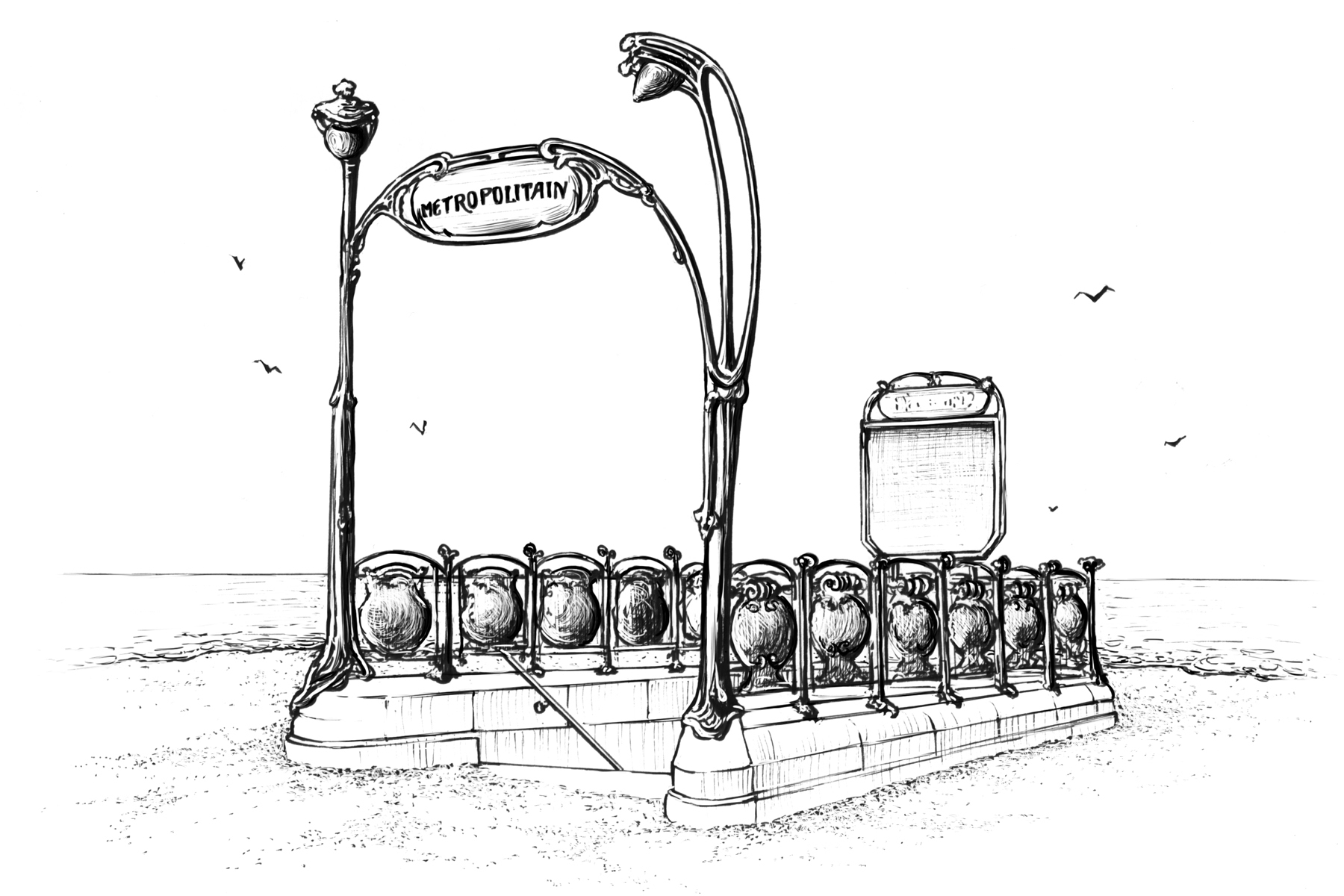 Drawing of entrance to Metro station at the beach